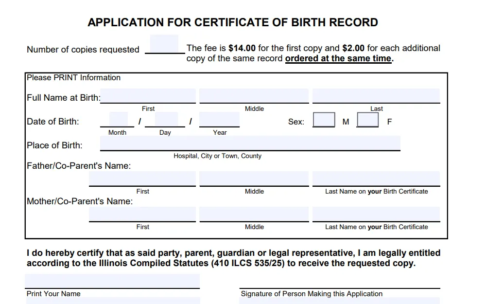 A screenshot of the 'Application Form for Certificate of Birth Record' requires you to provide information such as full name at birth, place and date of birth, and parent's full name to complete the request.