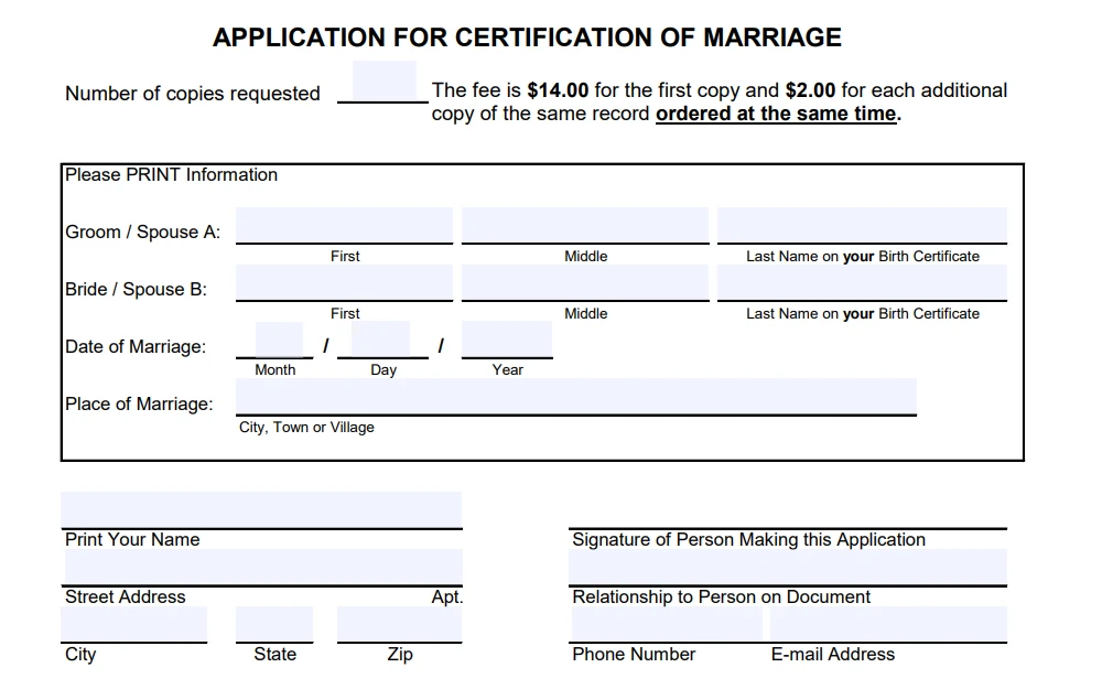 A screenshot shows the DuPage County Clerk Application Form for a Marriage Certificate, which requires the requester's information, the full names of the bride and groom, and the date and place of marriage.