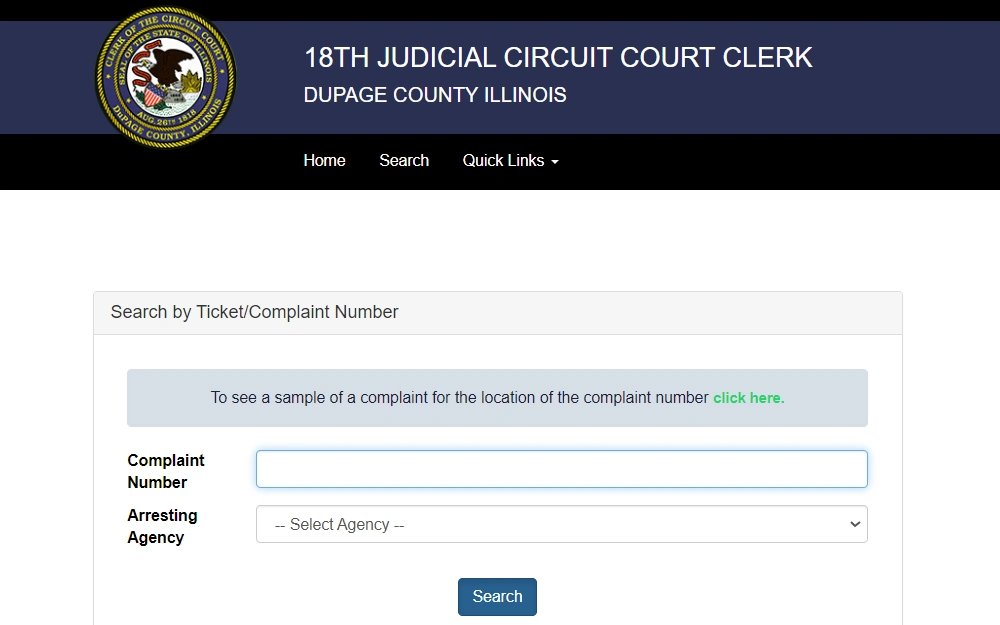 A screenshot of the 18th Judicial Circuit Court Clerk in DuPage County, Illinois, website displays a search page requiring users to enter a complaint number and arresting agency to search.