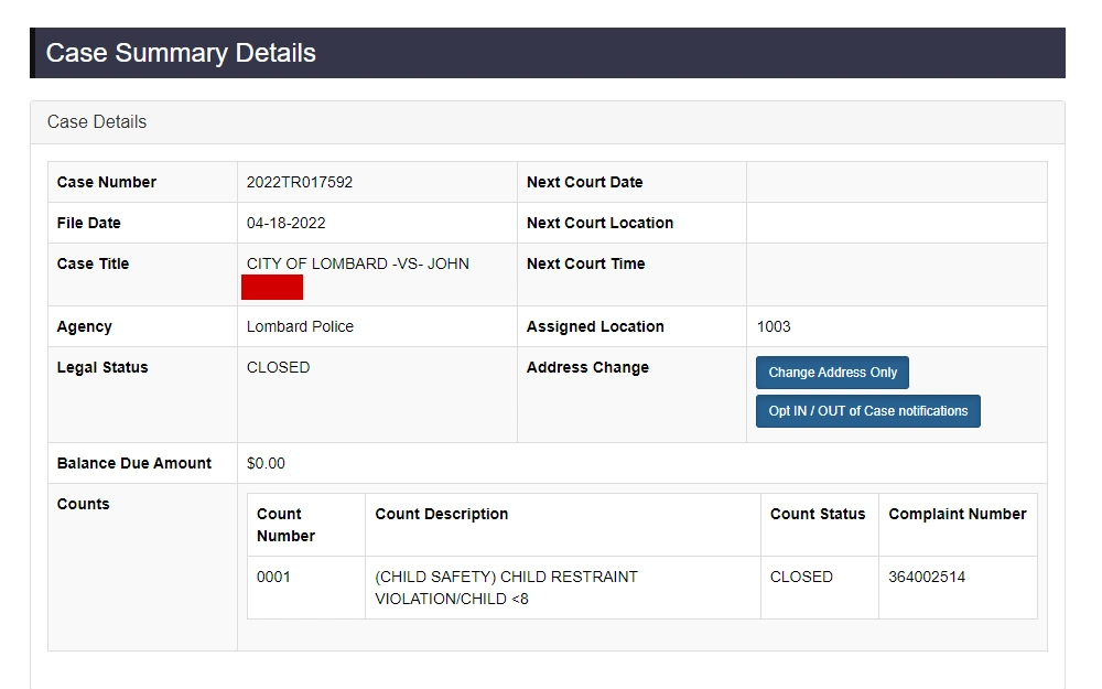 A screenshot of the case summary details on the 18th Judicial Circuit Court Clerk page displays information such as case number, file date, case title, agency, legal status, balance amount and count details.