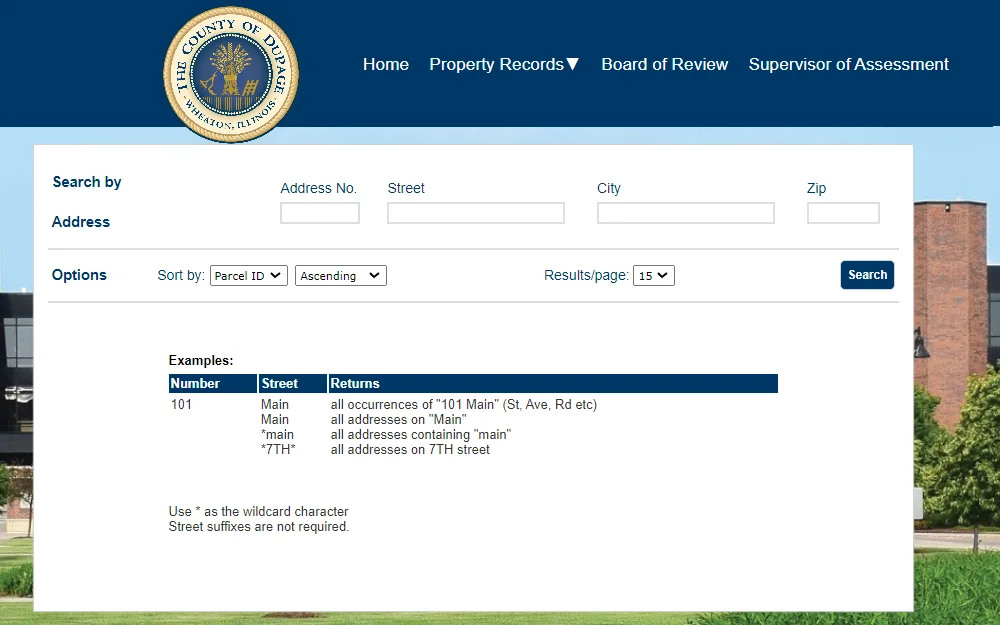 A screenshot of the 'Property Document Search Page' in DuPage County allows citizens to view tax information and requires the searcher to input address details to search. 