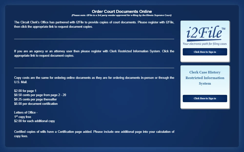 Screenshot of the page for the online order of document copies, displaying the associated fees.