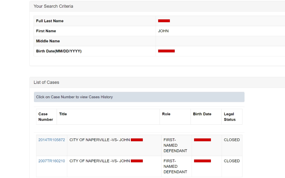 A screenshot from the Clerk of the 18th Judicial Circuit Court featuring two closed cases against a defendant born in 1949 from a municipal court system, with clickable links for case numbers and history details.