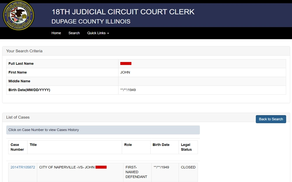 A screenshot from the Clerk of the 18th Judicial Circuit Court showing a search form filled out with a person's name and birth date, and below it, a list of legal cases related to the search, with one case displayed including the case number, title, role of the individual, birth date, and the case's legal status.